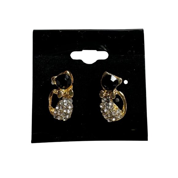 Cat Stud Earrings 3/4 inch Gold-Tone with Black and Clear Rhinestones - Picture 3 of 4